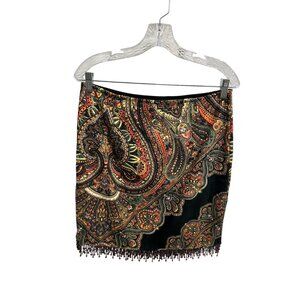 Linda Segal Paisley Print Pencil Skirt Orange Yellow 10 Fringe Beaded Hem Boho